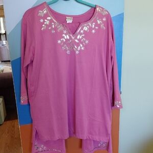 Dusty Pink Embroidered Tunic And Pant Set,Lg